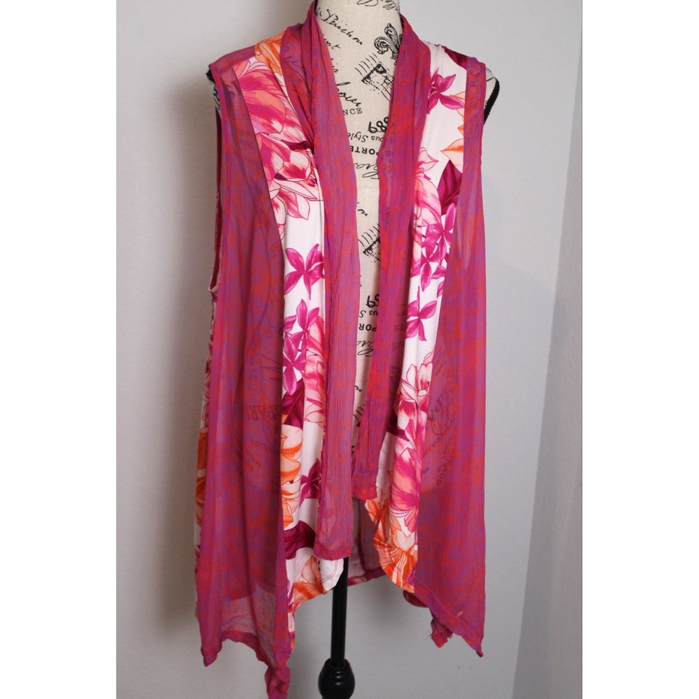 Soft Surroundings Womens Cardigan Vest Large Pink Floral Sheer Boho Feminine